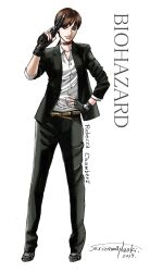 1girl 2017 belt brown_hair choker collarbone fingerless_gloves formal_clothes full_body gloves gun handgun highres holding holding_gun holding_weapon lips looking_at_viewer naoki_serizawa rebecca_chambers resident_evil short_hair signature simple_background smile solo suit weapon white_background