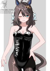 absurdres ahoge alternate_costume animal_ears black_hair blue_eyes blush breasts cleavage closed_mouth commentary daring_tact_(umamusume) hair_ornament highres horse_ears horse_tail looking_at_viewer mayuta447288850 medium_breasts nontraditional_playboy_bunny one_eye_closed signature simple_background star_(symbol) star_hair_ornament tail umamusume watermark