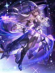 1girl bare_shoulders boots breasts brown_hair detached_sleeves dress frilled_sleeves frills full_body hat herta_(honkai:_star_rail) highres honkai:_star_rail honkai_(series) long_hair looking_at_viewer open_mouth purple_boots purple_dress purple_eyes purple_hat small_breasts smile solo staff the_herta_(honkai:_star_rail) tsugutoku watermark witch_hat