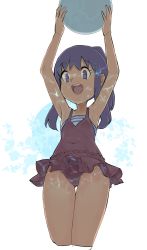 1girl blue_eyes blue_hair curvy dawn_(pokemon) female_focus highres nintendo nyonn24 one-piece_swimsuit pokemon pokemon:_arceus_and_the_jewel_of_life pokemon_(anime) pokemon_dppt_(anime) ponytail simple_background smile solo swimsuit white_background