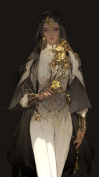 1girl black_background black_hair blue_eyes bracer brooch chinese_commentary circlet closed_mouth collared_dress commentary_request cowboy_shot dark-skinned_female dark_skin dress earrings expressionless eye_glitter eyelashes eyeshadow flower flower_brooch gold_earrings gold_rose grey_corset highres holding holding_flower ibuki_satsuki jewelry light_particles lipstick long_dress long_hair long_sleeves looking_at_viewer makeup original pink_eyeshadow puffy_long_sleeves puffy_sleeves red_lips rose simple_background solo straight-on straight_hair very_long_hair white_dress