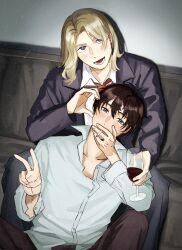 Rule 34 | 2boys, absurdres, alcohol, axis powers hetalia, blonde hair, blush, brown hair, chiqma0, cigarette, collared shirt, couch, cup, drinking glass, drunk, facial hair, formal clothes, france (hetalia), goatee stubble, green eyes, heart cheeks, highres, holding, holding cigarette, holding cup, jacket, long sleeves, looking at viewer, male focus, medium hair, mole, mole under eye, multiple boys, on couch, pants, portugal (hetalia), purple eyes, shirt, sitting, smile, smoking, stubble, suit, v, wavy hair, white shirt, wine, wine glass