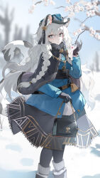 1girl absurdres arknights artist_request bell black_gloves braid cherry_blossoms front_braid gloves grey_eyes highres looking_at_viewer pramanix_(arknights) pramanix_(caster&#039;s_frost)_(arknights) snow snow_leopard_ears snow_leopard_girl snow_leopard_tail teketi white_hair