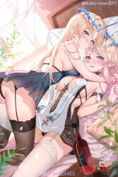 2girls absurdres alcohol artist_name backless_dress backless_outfit bare_shoulders bed bed_sheet between_breasts bilibili_username black_dress black_panties black_thighhighs blonde_hair blue_butterfly blue_eyes blush bottle breasts bug butterfly cartethyia_(wuthering_waves) chinese_commentary cleavage closed_mouth commentary_request crown_of_thorns cup curtains dress drinking_glass dual_persona earrings facial_mark fallen-leaves fleurdelys_(wuthering_waves) forehead_mark garter_straps glowing_butterfly gold_trim hair_between_eyes hand_on_another&#039;s_back highres horns indoors insect jewelry large_breasts light_particles long_hair long_horns looking_at_viewer lying multiple_girls on_back on_bed open_mouth panties partial_commentary pillow plant pointy_ears red_wine single_horn smile tabard table tacet_mark_(wuthering_waves) thighhighs thighs turning_head underwear very_long_hair watermark white_tabard white_thighhighs window wine wine_bottle wine_glass wuthering_waves