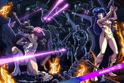 2girls atari axe blue_hair boots breasts cleavage commentary crop_top cropped_vest crossover dirty_pair english_commentary fire gun highres holding holding_gun holding_weapon kei_(dirty_pair) laser medium_breasts multiple_girls navel nervous_smile on_one_knee otaking patreon_logo patreon_username pink_hair poster_(object) robot sega skull sky smile star_(sky) starry_sky t-800 terminator_(series) vest watermark weapon yuri_(dirty_pair)