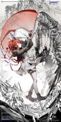 1girl absurdres arknights black_boots black_jacket black_shorts boots character_name closed_eyes closed_mouth commentary_request cropped_jacket detached_wings dress exusiai_(arknights) exusiai_the_new_covenant_(arknights) halo highres hood hood_down hooded_jacket jacket red_hair shorts shorts_under_dress smile solo surin_(65889544) thighhighs thighhighs_under_boots white_dress white_thighhighs white_wings wings