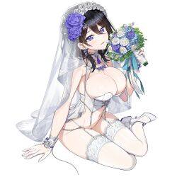 Rule 34 | 1girl, black hair, blue flower, blue ribbon, bouquet, bra, breasts, bridal lingerie, bridal veil, bride, cleavage, corset, cross-laced clothes, cross-laced corset, dolphin wave, dress, earrings, flower, garter belt, gloves, hair flower, hair ornament, high heels, highres, holding, holding bouquet, jewelry, lace, lace-trimmed legwear, lace trim, large breasts, light blush, lingerie, looking at viewer, medium hair, navel, necklace, non-web source, nontraditional wedding dress, official alternate costume, official alternate hairstyle, official art, ootomo takuji, open mouth, panties, purple eyes, purple flower, ribbon, seductive smile, shoes, sitting, skindentation, smile, solo, suminoe shion, thighhighs, transparent background, transparent gloves, underwear, veil, wedding dress, white bra, white flower, white gloves, white panties, white ribbon, white shoes, white thighhighs