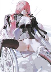 1girl arknights ass black_corset black_jacket black_thighhighs breasts censored chair chinese_commentary closed_mouth commentary_request corset energy_wings halo highres iumu jacket lemuen_(arknights) long_hair long_sleeves looking_at_viewer mosaic_censoring open_clothes open_jacket panties panties_around_leg pink_eyes pink_hair pussy pussy_juice shirt simple_background sitting smile solo thighhighs thighs underwear white_background white_halo white_panties white_shirt white_wings wings
