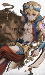 1boy absurdres animal animal_on_lap arabian_clothes bare_pectorals blonde_hair bracer chinese_text clothing_cutout commission earrings fate/grand_order fate_(series) from_above gilgamesh gilgamesh_(caster)_(fate) gilgamesh_(fate) hair_between_eyes head_chain highres jewelry lion looking_at_viewer male_focus minatsunen necklace on_lap open_clothes open_vest pants pectorals red_eyes red_pants serious shadow short_hair sitting tattoo turban vest white_background