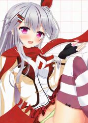 Rule 34 | 1girl, :d, arm at side, black gloves, blush, breasts, clothes lift, commentary, fang, fingerless gloves, gloves, green panties, grey hair, hair between eyes, hair ornament, hair ribbon, hairclip, hanasaki work spring, hand up, highres, holding, holding petal, impossible clothes, jacket, knees up, large breasts, long hair, long sleeves, looking at viewer, miniskirt, mrkms612, one side up, open clothes, open jacket, open mouth, panties, panty peek, petals, pink eyes, plaid clothes, plaid skirt, pleated skirt, red scarf, red skirt, ribbon, scarf, school uniform, shiranui inori, shirt, sidelocks, simple background, sitting, skin fang, skirt, skirt lift, smile, solo, striped clothes, striped thighhighs, textless version, thighhighs, tsurime, underwear, white background, white shirt, yellow jacket