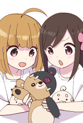 2girls ahoge blush brown_hair button_eyes buttons casual character_print commentary_request flower ganbaru_yousei hair_flower hair_ornament highres hitori_bocchi hitoribocchi_no_marumaru_seikatsu holding holding_stuffed_toy katsuwo_(cr66g) long_hair looking_down multiple_girls open_mouth pink_flower print_shirt red_eyes shirt short_hair smile stuffed_animal stuffed_toy teddy_bear upper_body white_background white_shirt yawara_kai