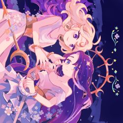 Rule 34 | 2girls, artist name, bare arms, bare shoulders, belt, blonde hair, blue eyes, blue flower, bracelet, closed mouth, cloud, colored inner hair, commentary request, cookie run, cookie run: kingdom, cowboy shot, crescent, curtained hair, dress, eyes visible through hair, facial mark, flower, forehead mark, frilled dress, frills, frown, gold belt, gold bracelet, hair ornament, hair over one eye, halo, holding, holding polearm, holding weapon, humanization, jewelry, kanaizu yh, lance, long hair, moonlight cookie, moonlight cookie (crescent guardian), multicolored hair, multiple girls, night, off-shoulder dress, off shoulder, official alternate costume, official alternate hair color, orange flower, orange halo, outdoors, pale skin, pink flower, polearm, purple eyes, purple flower, purple hair, reverse grip, sea fairy cookie, sea fairy cookie (rippling moonlight), sideways, sleeveless, sleeveless dress, smile, staff, star (symbol), star hair ornament, tearing up, two-tone hair, very long hair, wavy hair, weapon, white dress, white flower