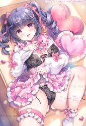 Rule 34 | 1girl, black bra, black panties, blush, bow, bow bra, bow panties, bra, breasts, choker, cleavage, commentary request, drill hair, frills, hair bow, hair ornament, hairclip, heart, jewelry, kouta., lace, lace-trimmed bra, lace-trimmed panties, lace trim, large breasts, long hair, long sleeves, looking at viewer, lying, on back, open mouth, original, panties, pillow, pink bow, pink choker, pink skirt, purple eyes, purple hair, shirt, skirt, smile, solo, thighlet, twin drills, twintails, underwear