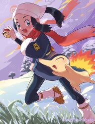 1girl :d absurdres akari_(pokemon) black_hair black_shirt blue_eyes commentary_request cyndaquil eyelashes floating_scarf gen_2_pokemon grass happy headscarf highres hisuian_poke_ball holding holding_poke_ball jacket leg_up logo murf nintendo open_mouth outdoors poke_ball pokemon pokemon_(creature) pokemon_legends:_arceus ponytail red_scarf scarf shirt shoes sidelocks skirt smile snow socks tongue tree white_socks