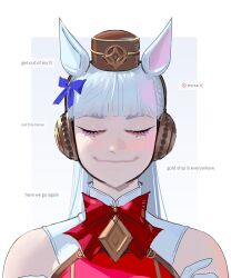 1girl animal_ears bare_shoulders blunt_bangs bow bowtie brown_hat closed_eyes commentary crossed_arms dress ear_bow ear_covers english_commentary gold_ship_(umamusume) hat horse_ears horse_girl ishowspeed_trying_not_to_laugh_(meme) long_hair meme neozumi pillbox_hat portrait red_bow red_bowtie red_dress simple_background smirk solo umamusume white_hair