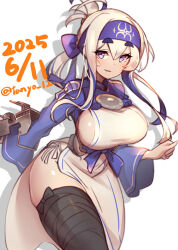 Rule 34 | 1girl, ainu clothes, arm wrap, blue eyes, blue headband, breasts, cropped jacket, dated, folded ponytail, hair between eyes, headband, highres, kamoi (kancolle), kantai collection, large breasts, leg wrap, long hair, long sleeves, looking at viewer, one-hour drawing challenge, open mouth, panties, pelvic curtain, side-tie panties, sideboob, sidelocks, simple background, smile, solo, tanyou, thick eyebrows, twitter username, underwear, white background, white hair, wrist guards