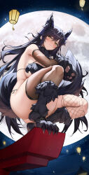 1girl absurdres animal_ear_fluff animal_ears animal_hands armpit_crease atago_(azur_lane) atago_(full_moon&#039;s_feral_wolf)_(azur_lane) azur_lane bare_shoulders bikini black_hair black_thighhighs blush brown_gloves brown_thighhighs closed_mouth commentary_request elbow_gloves fox_tail from_below full_moon fur-trimmed_bikini fur_trim gloves hair_between_eyes highres l_ract lantern long_hair looking_at_viewer moon night night_sky official_alternate_costume paper_lantern paw_gloves paw_shoes single_thighhigh sky solo squatting star_(sky) starry_sky swimsuit tail thighhighs thighs torii torn_clothes torn_thighhighs werewolf_costume wolf_ears wolf_girl yellow_eyes