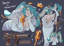 1girl alternate_costume animal_ears animal_nose aqua_eyes aqua_hair artist_name ass back bare_shoulders blush breasts character_name crown derufiin detached_sleeves dress feather_boa floating_crown freckles furry gold grey_background gun hanging_breasts hatsune_miku large_breasts long_ears looking_at_viewer looking_back microphone musical_note one_eye_closed rabbit_girl smile transformation vocaloid weapon white_dress