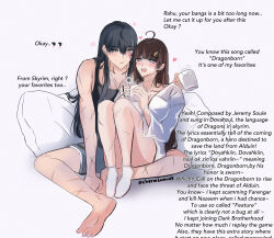 2girls black_hair blush brown_hair cherie_luna closed_mouth coffee_mug commentary crescent crescent_hair_ornament cup cushion earphones english_commentary english_text grey_eyes grey_shorts hair_ornament highres holding holding_cup long_hair looking_at_another mug multiple_girls open_mouth original path_to_nowhere purple_background purple_eyes rahu_(path_to_nowhere) scar scar_across_eye scar_on_arm scar_on_face scar_on_leg shared_earphones shirt shorts simple_background sitting sitting_on_lap sitting_on_person smile twitter_username white_shirt yuri