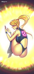 1girl absurdres ass blonde_hair blue_eyes blue_panties blue_socks blue_sports_bra breasts danderfull from_behind full_body hands_up high_ponytail highres kneehighs knees_up large_breasts long_hair looking_at_hand metroid nintendo panties ponytail samus_aran socks solo sports_bra underwear very_long_hair wristband yellow_background