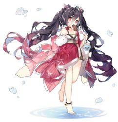 1girl alternate_costume ankle_bell anklet azur_lane back_bow barefoot bell black_hair bow braid creature dango eating food full_body gradient_hair holding holding_food horns i-168_(azur_lane) i-168_(festive_mood!)_(azur_lane) japanese_clothes jewelry jingle_bell kimono long_sleeves looking_at_viewer multicolored_hair neck_ribbon official_alternate_costume official_art pink_bow pink_eyes red_ribbon ribbon sanshoku_dango saru standing tachi-e transparent_background twintails wagashi wide_sleeves