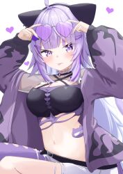 1girl animal_ears belt breasts cat_ears cat_girl crop_top eyewear_on_head hair_ornament hairclip heart heart-shaped_eyewear highres hololive jacket large_breasts minilotte navel nekomata_okayu nekomata_okayu_(personya_respect) official_alternate_costume open_clothes open_jacket purple_eyes purple_hair simple_background solo sparkling_eyes sticker sticker_on_stomach sunglasses tongue tongue_out virtual_youtuber white_background