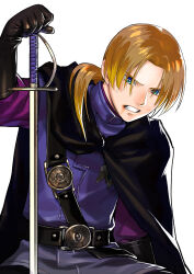 1boy absurdres aqua_eyes belt black_belt black_cape black_gloves blue_eyes brown_hair cape clenched_teeth commentary_request dragon_quest dragon_quest_x gloves highres kabu_kabu looking_at_viewer low_ponytail male_focus multicolored_eyes parted_bangs planted planted_sword planted_weapon ponytail purple_tunic solo sweatdrop sword teeth touma_(dq10) tunic weapon white_background