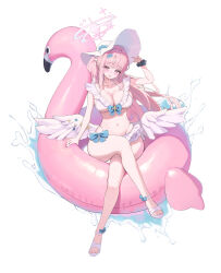 1girl absurdres arm_up bikini blue_archive blush breasts cleavage crossed_legs feathered_wings frilled_bikini frills full_body halo hat highres inflatable_flamingo inflatable_toy large_breasts long_hair looking_at_viewer low_wings mika_(blue_archive) mixed-language_commentary open_mouth pink_hair pink_halo pipi_ya ponytail simple_background smile solo sun_hat swimsuit thighs white_background white_bikini white_hat white_wings wings yellow_eyes