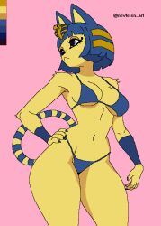 1girl animal_crossing animal_ears ankha_(animal_crossing) bikini blue_bikini blue_eyes blue_hair blue_tail body_fur bracelet breasts cat_ears cat_girl cat_tail claws color_guide cowboy_shot english_text frown furry furry_female gold_headwear hair_ornament jewelry medium_breasts multicolored_tail navel nevtelen nintendo pink_background short_hair simple_background snake_hair_ornament snout solo swimsuit tail twitter_username underboob watermark yellow_fur yellow_tail