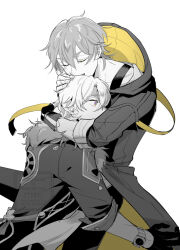 2boys artist_name aventurine_(honkai:_star_rail) blue_eyes caelus_(honkai:_star_rail) closed_eyes coat collarbone covered_mouth fingerless_gloves fingernails fur-trimmed_jacket fur_trim gloves greyscale hair_between_eyes hand_on_another&#039;s_head highres honkai:_star_rail honkai_(series) hood hooded_coat hug jacket long_sleeves looking_at_another male_focus monochrome multicolored_eyes multiple_boys open_clothes open_coat open_mouth oysm_mkt pants partially_colored pink_eyes shirt short_hair simple_background smile t-shirt trailblazer_(honkai:_star_rail) two-sided_coat two-sided_fabric watch wristwatch yaoi