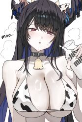 1girl @_@ absurdres animal_costume animal_ears animal_print asymmetrical_horns bell bikini black_hair blue_hair blush bottle breasts colored_inner_hair cow_costume cow_ears cow_horns cow_print cow_print_bikini cowbell crystal_horns demon_horns ewn fake_horns flower highres hololive hololive_english horn_flower horns hypnosis large_breasts long_hair looking_at_viewer milk milk_bottle mind_control mole mole_under_eye multicolored_hair neck_bell nerissa_ravencroft open_mouth print_bikini red_eyes solo swimsuit two-tone_hair uneven_horns very_long_hair virtual_youtuber