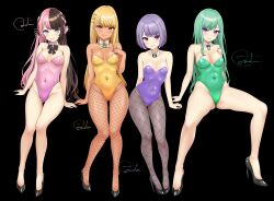 4girls absurdres alternate_costume ass bare_arms bare_legs bare_shoulders black_background black_footwear black_nails blue_eyes bow bowtie braid breasts brown_bow brown_hair closed_mouth contrapposto covered_navel dark_skin detached_collar ear_piercing earrings fang fishnet_pantyhose fishnets french_braid full_body green_leotard grey_hair grey_pantyhose hair_bow hair_ornament high_heels highleg highleg_leotard highres invisible_chair jewelry kaminari_qpi leotard lightning_bolt_earrings lightning_bolt_symbol lipstick long_hair makeup medium_breasts multicolored_hair multiple_girls muton_(muton82) orange_eyes pantyhose piercing pink_bow pink_hair pink_leotard pink_nails playboy_bunny purple_eyes purple_hair purple_leotard shoes short_hair signature sitting skin_fang smile split-color_hair spread_legs strapless strapless_leotard streaked_hair swept_bangs tachibana_hinano thighs tosaki_mimi two-tone_hair very_long_hair virtual_youtuber vspo! wing_collar x_hair_ornament yakumo_beni yellow_bow yellow_bowtie yellow_leotard