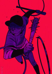 1boy add-on_(off) arm_up bandaid bandaid_on_cheek bandaid_on_face baseball_bat baseball_cap baseball_uniform closed_eyes closed_mouth commentary debris dual_wielding foot_out_of_frame gauze gauze_over_eye glass_shards hashtag-only_commentary hat holding holding_baseball_bat holding_weapon layered_sleeves limited_palette long_sleeves male_focus off_(game) outstretched_arm red_background running short_over_long_sleeves short_sleeves simple_background solo spiked_bat sportswear tanblaque the_batter_(off) weapon