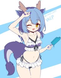 Rule 34 | 1girl, alternate costume, alternate hairstyle, arm up, armpits, bare shoulders, bikini, blue hair, blue nails, blush, breasts, collarbone, commentary request, dragon girl, dragon horns, dragon tail, duel monster, eastern dragon horns, food, frilled bikini, frilled bikini top, frills, hair between eyes, holding, holding food, holding popsicle, horns, laundry dragonmaid, long hair, looking at viewer, melting popsicle, navel, one eye closed, open mouth, popsicle, small breasts, smile, solo, stomach, swimsuit, tail, ttakji craft, twitter username, yellow eyes, yu-gi-oh!