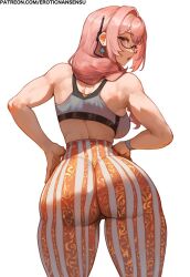 1girl alternate_costume artist_name ass ass_focus black-framed_eyewear breasts commentary earrings erotic_nansensu forbidden_pants glasses grey_sports_bra highres jewelry large_breasts looking_at_viewer looking_back meme_attire orange_pants pants patreon_username pink_eyes pink_hair print_pants semi-rimless_eyewear simple_background solo sports_bra tsukishiro_yanagi two-tone_pants watermark web_address white_background white_pants zenless_zone_zero