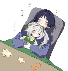 1boy 1girl blue_hair blush closed_eyes dress food fruit genshin_impact gradient_hair green_dress hair_intakes highres hirarinoie kotatsu long_hair lying mandarin_orange multicolored_hair nahida_(genshin_impact) on_back open_mouth pillow pointy_ears scaramouche_(genshin_impact) shirt side_ponytail simple_background sleeping table white_background white_hair white_shirt
