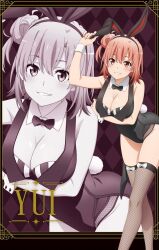 1girl animal_costume arm_under_breasts arm_up black_bow black_bowtie black_socks black_thighhighs blush bow bowtie breasts cleavage english_text female_focus fishnet_thighhighs fishnets highres kneehighs large_breasts legs leotard looking_at_viewer official_art orange_hair playboy_bunny rabbit_costume rabbit_ears rabbit_tail red_eyes scan short_hair sleeveless smile socks solo solo_focus teeth thighhighs thighs white_bow yahari_ore_no_seishun_lovecome_wa_machigatteiru. yuigahama_yui