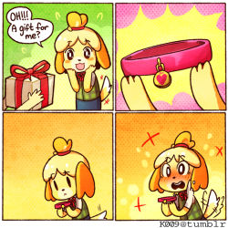 1girl 4koma :&lt; afterimage animal_collar animal_crossing animal_ears blonde_hair blush body_fur box brown_eyes collar comic dog_ears dog_girl dog_tail embarrassed english_text female_focus flying_sweatdrops full-face_blush furry furry_female gift gift_box isabelle_(animal_crossing) kataro marriage_proposal motion_lines nintendo scrunchie smile solo tail tail_wagging topknot