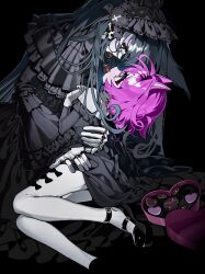 Rule 34 | 2girls, absurdres, animal ears, black background, black dress, black hairband, black shoes, box, box of chocolates, candy, cat ears, cat tail, chocolate, chocolate heart, dress, extra digits, eyelashes, food, food in mouth, frilled dress, frilled hairband, frilled sleeves, frills, gloves, gothic lolita, green eyes, green hair, hairband, hand on another&#039;s waist, heart, heart-shaped food, highres, jewelry, lolita fashion, lolita hairband, long dress, long hair, long sleeves, looking at another, mary janes, mouth hold, multiple girls, multiple rings, original, pale skin, pantyhose, pink hair, red eyes, ring, scocasr, shoes, short hair, simple background, tail, white gloves, white pantyhose, yuri