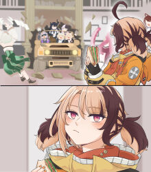 6+girls car cecilia_immergreen destruction eating elizabeth_rose_bloodflame food fuwawa_abyssgard gigi_murin highres holoadvent holojustice hololive hololive_english long_hair mococo_abyssgard motor_vehicle multiple_girls nerissa_ravencroft raora_panthera sandwich shiori_novella virtual_youtuber