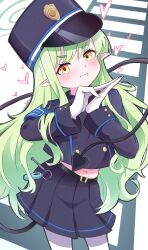 1girl absurdres armband belt black_belt blue_archive blue_hat blue_shirt blue_skirt blush buttons commentary_request cowboy_shot demon_tail double-breasted green_hair green_halo halo hat heart highres hikari_(blue_archive) long_hair long_sidelocks long_sleeves looking_at_viewer midriff navel orange_eyes pantyhose pleated_skirt pointy_ears shirt sidelocks skirt smile solo standing tail teeth very_long_hair vtitalianlion46 white_background white_pantyhose