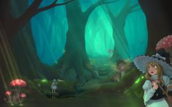 Rule 34 | 2girls, bag, blonde hair, blue hair, braid, commentary request, forest, forest of magic, hat, highres, karakasa obake, kirisame marisa, kitano (kitanosnowwhite), landscape, light particles, long hair, long sleeves, looking back, multiple girls, mushroom, nature, open mouth, puffy sleeves, scenery, shirt, short hair, shoulder bag, side braid, single braid, skirt, sunlight, tatara kogasa, touhou, tree, turtleneck, umbrella, vest, witch hat, yellow eyes