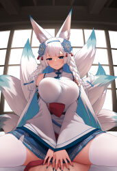 1boy 1girl absurdres animal_ear_fluff animal_ears blue_eyes blue_hair blush braid breasts censored chinese_clothes closed_mouth clover_theater curvy fox_ears fox_girl fox_tail from_below girl_on_top hair_ornament hairband highres huge_breasts kitsune kyuubi laoan large_breasts long_hair looking_at_viewer multicolored_hair multiple_tails pov shiny_clothes shiny_skin smile solo_focus spread_legs straddling tail thick_thighs thighhighs thighs twin_braids two-tone_hair very_long_hair white_hair white_thighhighs wide_hips wide_sleeves