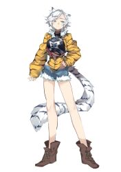 Rule 34 | 1girl, animal ear fluff, animal ears, animal print, bare legs, black shirt, blue eyes, blue shorts, boots, breasts, brown boots, closed mouth, commentary request, contrapposto, cropped shirt, facial mark, fingernails, full body, fur-trimmed jacket, fur-trimmed shorts, fur trim, grey hair, hand on own hip, head tilt, highres, jacket, kamatpit, lace-up boots, leotard, leotard under clothes, long sleeves, looking to the side, medium breasts, midriff peek, multicolored hair, open clothes, open fly, open shorts, original, parted bangs, partially unzipped, print shirt, puffy long sleeves, puffy sleeves, shirt, short hair, short shorts, shorts, simple background, sleeved leotard, sleeves past wrists, solo, standing, streaked hair, tail, tiger ears, tiger girl, tiger print, tiger tail, torn clothes, torn shirt, two-sided fabric, two-sided jacket, whisker markings, white background, white hair, yellow jacket