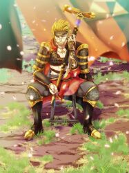 Rule 34 | 1boy, abs, armor, blonde hair, brown eyes, cane, chair, coat, facial hair, falling petals, folding chair, hand on own hip, headband, hojo ujiyasu, jewelry, male focus, muscular, necklace, petals, scar, sengoku musou, sitting, smoking pipe, stubble