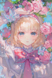 1girl alice_margatroid bad_source blonde_hair blue_eyes bow bug butterfly capelet flower frilled_hairband frills hairband highres insect lolita_hairband looking_at_viewer lying maccha_(mochancc) nail_polish necktie on_back parted_lips pink_flower pink_hairband pink_nails pink_rose red_bow rose shirt short_hair short_sleeves solo touhou upper_body