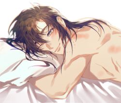 Rule 34 | 1boy, ;), alternate hairstyle, bed sheet, bishounen, bite mark, black hair, blush, brown hair, closed mouth, eyepatch, grey eyes, hair between eyes, hair down, hickey, highres, hugging object, implied yaoi, jujeop, korean commentary, long hair, looking at viewer, lying, male focus, modao zushi, nude, on bed, on stomach, one eye closed, pillow, pillow hug, sidelocks, simple background, smile, solo, upper body, wei wuxian, white background