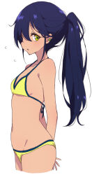 1girl arms_behind_back bikini blue_hair breasts commentary_request earrings gundam gundam_gquuuuuux highres jewelry long_hair mel_(melty_pot) nyaan_(gundam_gquuuuuux) ponytail simple_background small_breasts solo swimsuit white_background yellow_bikini yellow_eyes