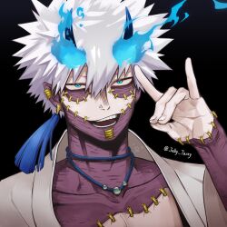 Rule 34 | 1boy, absurdres, alternate costume, aqua eyes, aranciojelyfish, artist logo, black background, black horns, blue fire, body modification, body piercings, boku no hero academia, choker, dabi (boku no hero academia), earrings, evil smile, eyebrows hidden by hair, face piercing, fire, hair between eyes, half-closed eyes, hand up, highres, horns, jacket, jewelry, logo, looking ahead, male focus, multiple piercings, necklace, no shirt, nose piercing, open clothes, open jacket, open mouth, piercing, portrait, sanpaku, shade, short hair, simple background, single earring, slit pupils, smile, solo, spiked hair, stitches, tassel, tassel earrings, teeth, tsurime, twitter username, white hair, white jacket
