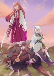 2girls :o animal_ear_fluff animal_ears atla_fayon black_dress black_hair blunt_bangs boots brown_hair closed_eyes closed_mouth cloud cloudy_sky commentary dawn dress english_commentary full_body green_dress green_footwear hakama hakama_skirt hands_up holding holding_sword holding_weapon japanese_clothes katana kosode long_hair long_sleeves miko multicolored_dress multicolored_hair multiple_girls official_alternate_costume okobo outdoors pile_of_corpses platform_sandals raccoon_ears raccoon_girl raccoon_tail raphtalia red_eyes red_hakama sandals segawaseki sitting skirt sky smile socks squinting standing standing_on_person streaked_hair sword tabi tail tate_no_yuusha_no_nariagari tiger_ears tiger_girl weapon white_dress white_hair white_socks wide_sleeves wrist_cuffs